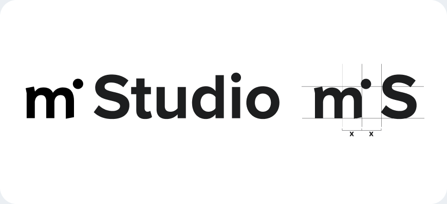 Icon mit dem Produktnamen Studio; Konstruktionszeichnung für Größenverhältnisse und Abstände.